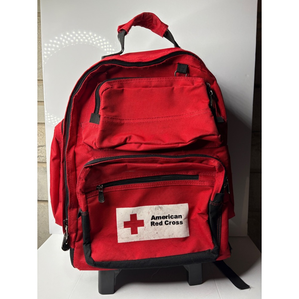 American Red Cross Rolling Backpack Red Canvas Emergency Utility Bag Wheels